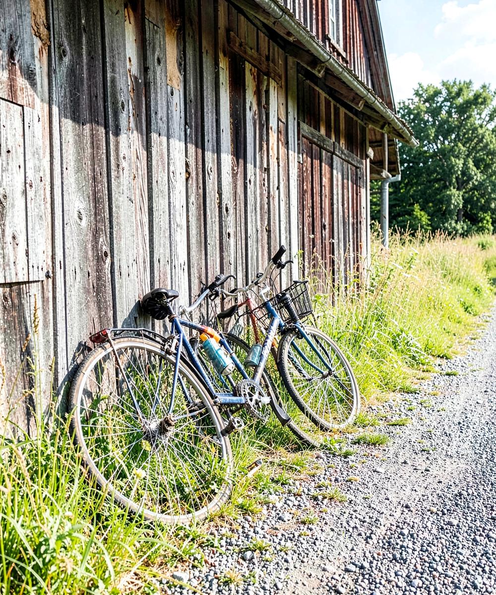 Lånecyklar lutade mot en gammal ladvägg